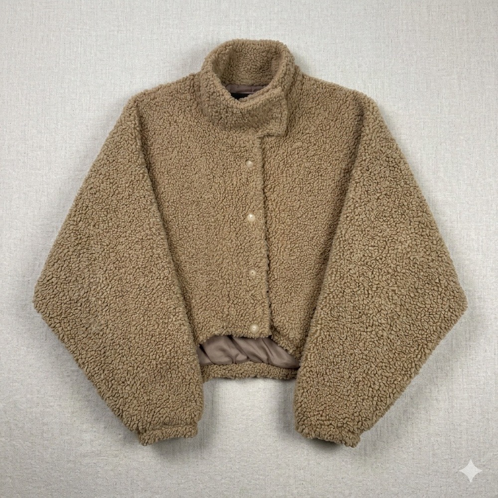 EMIN + PAUL Fleece Teddy Jacket Crop Dolman Sleeves Elastic Waist Tan Size M/L